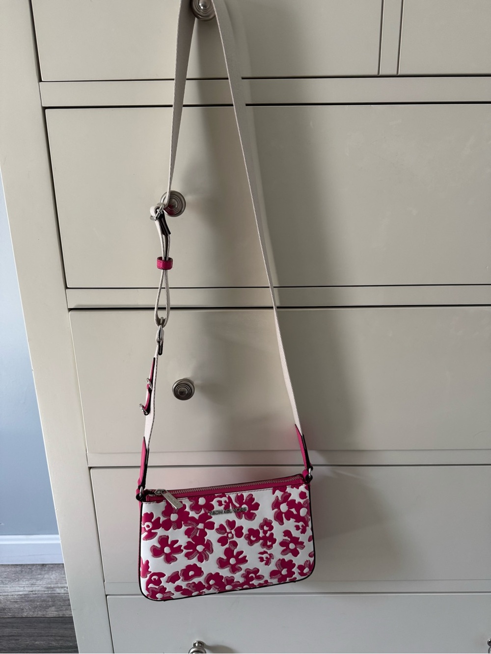 Michael Kors White & Pink Floral Sequin Crossbody Shoulder Bag